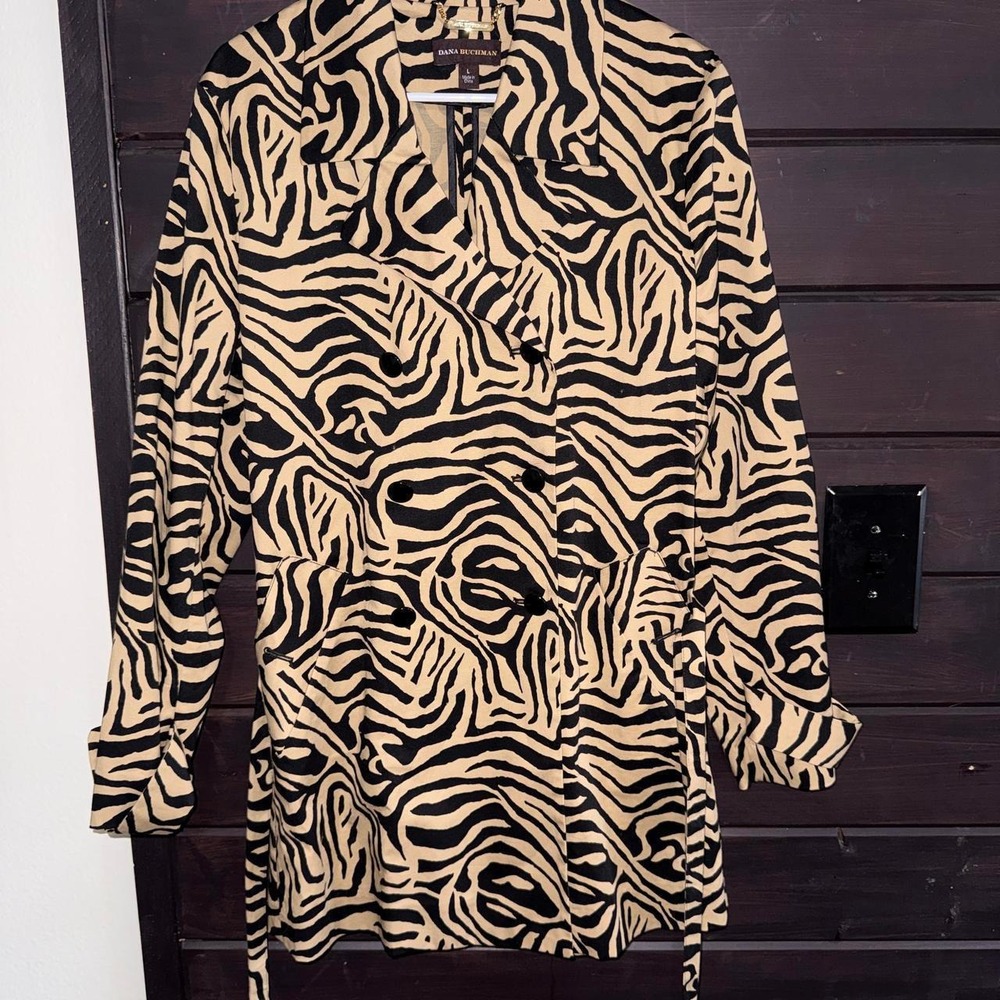Dana Buchman Zebra Print Double Breasted Trench Coat Tan Black Women Size L